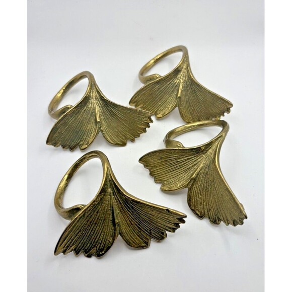Vintage Set of 4 Brass Leaf Napkin Rings Used Not Polished - Picture 1 of 10